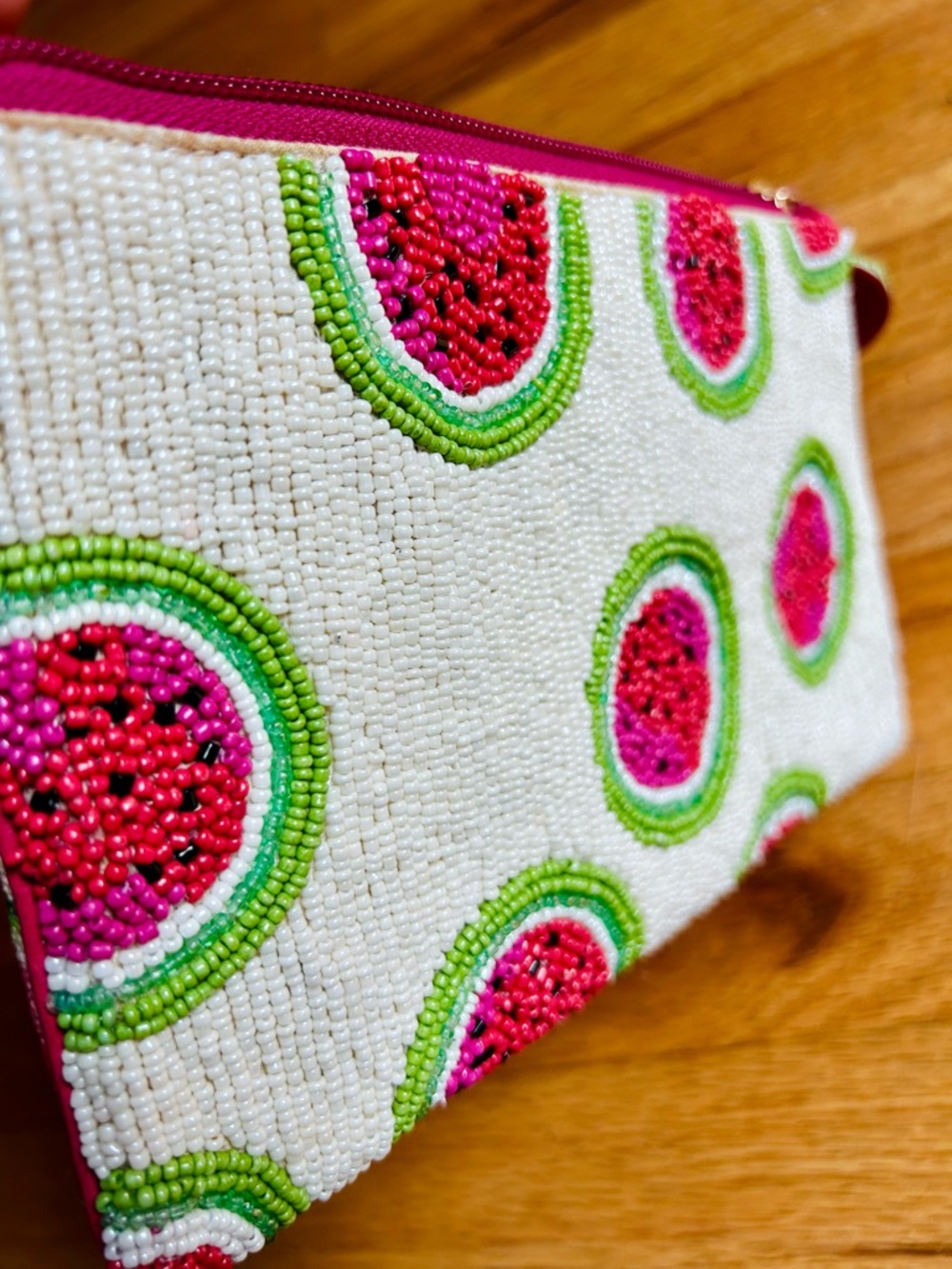 Chico's Pink & Green Watermelon Fruit Beaded Boho Wristlet Clutch Summer Fun - Picture 10 of 12